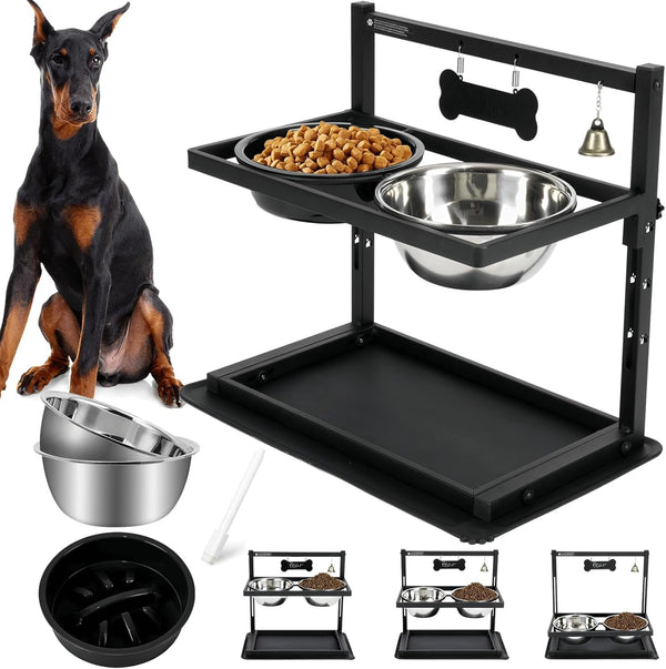 Elevated Dog Bowls with Slow Feeder for Large Dogs – Adjustable Raised Stand with 2 Stainless Steel Bowls & Spill-Proof Mat, Non-Slip Dog Feeder for Large & Medium Dogs (Black)1