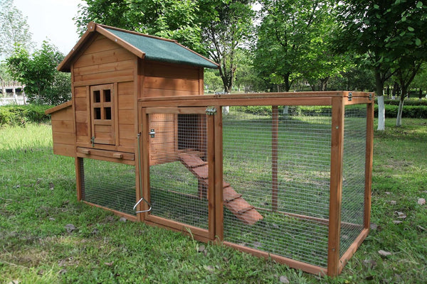 Outdoor Chicken Coop for 2-4 Chickens Wooden Hen House with Nesting Box | 80" Poultry Pet Hutch Backyard Run Cage W/ Waterproof Asphalt Roof, Ramp, Perch and Wire Fence1