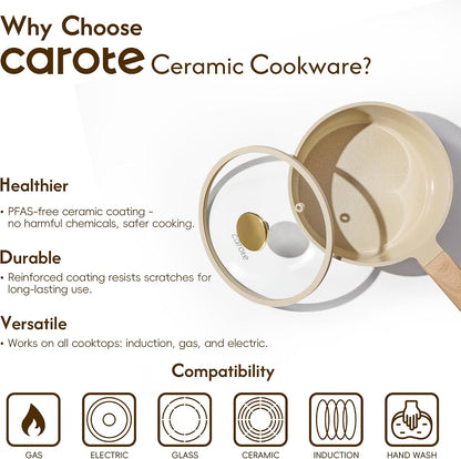 Ceramic Nonstick 1.5Qt & 2.5Qt Sauce Pan Sets with Lid | Kitchen Non Toxic Cookware Set with Stay-Cool Handle, All Stovetops Compatible, PFOA Free, Easy to Clean5