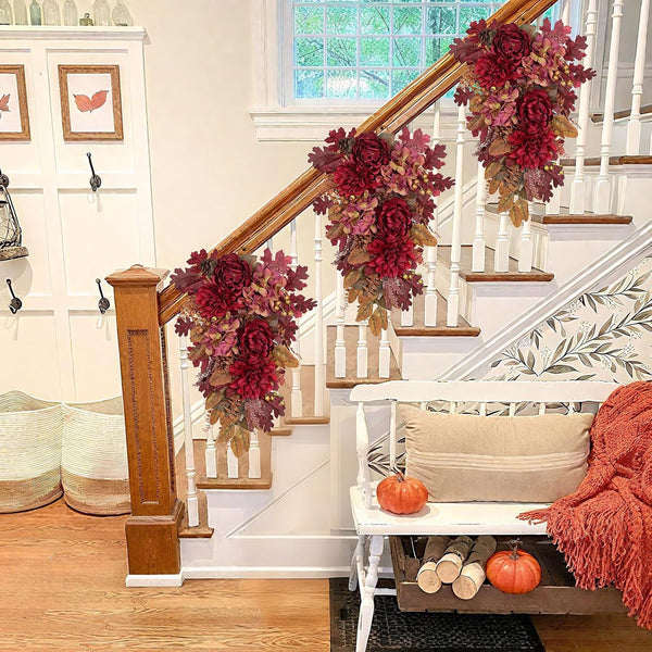 24" Fall Swag Fall Swags for Front Door Decorating Teardrop Swag with Red Hydrangea Peonies Dahlia Handmade Fake Autumn Wreath Outdoor Indoor Halloween Farmhouse Harvest Decorations for Home7