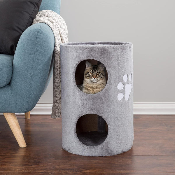 20.5-Inch Cat Condo - 2 Story Cat House with Sisal Scratch Pad, Barrel Shaped Pet House Covered in Soft Fabric by PETMAKER (Gray)2