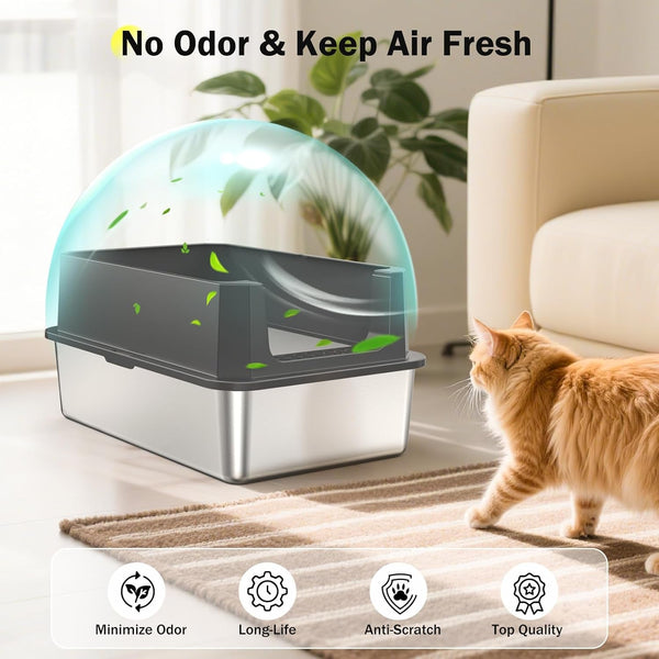 Stainless Steel Litter Box, Extra Large Litter Boxes for Big Cats, Xlarge Metal Cat Litter Box with Lid, Anti-Urine Leakage XL Box with High Sides, Easy Clean, Non-Sticky, Scoop Included5