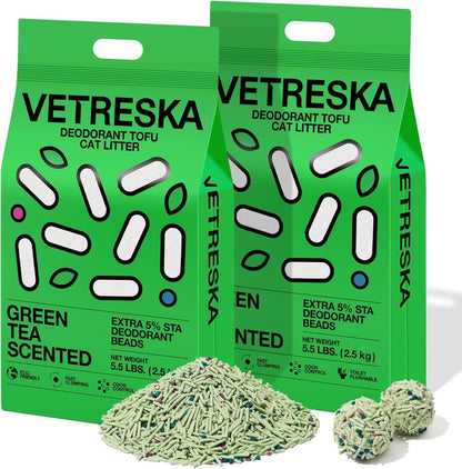 VETRESKA Tofu Cat Litter, Odor Control, Greentea 5.5Lb×2Bags | Natural Kitty Litter Strong Clumping Flushable Cat Litter Pellet Ultra Absorbent,Dust-Free,Low Tracking Deodorant Tofu Litter9