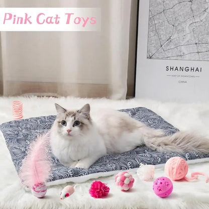 MALLMALL6 10Pcs Cat Toy Set Interactive Cat Toys Pack Including Feather Teaser Wand Cat Springs Mice Crinkle Balls and Pet Bell Balls, Puzzle Toys for Indoor Cats Gift (Pink)6