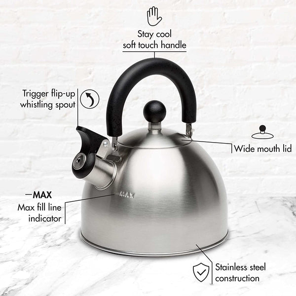 Stewart Whistling Tea Kettle for Stovetop, Stainless Steel Stove Top Kettle with Fast Boil Whistling Spout and Cool Touch Folding Handle, 1.5-Quart, Brushed Silver with Black Handle4
