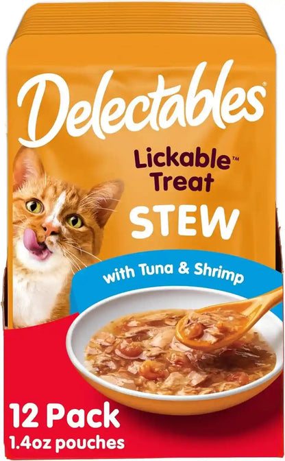 Delectables Lickable Treat Stew Wet Cat Treat Variety Pack, Food Topper, Hydrating, Grain-Free, No Fillers, No By-Products, No Added Preservatives, 1.4Oz Pouch, 12Ct12