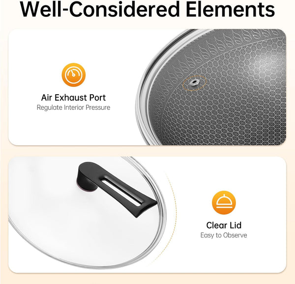 13.4 Inch Skillet Nonstick, 316 Stainless Steel Nonstick Wok Pan with Lid-Honeycomb Stir-Fry Skillet, Stir-Fry Wok with Lid Suitable for Gas Stoves, Induction Cookers and Ceramic Stove9