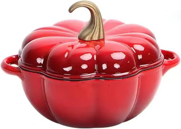 Pumpkin Cocotte with Lid & Handles,Pumpkin Dutch Oven Pot,Non Stick Pumpkin Pot,Serves 3-5,Enamel Cookware Crock for Porridge,Halloween Enamel Cast Iron Cooking Pot(Dark Red)1