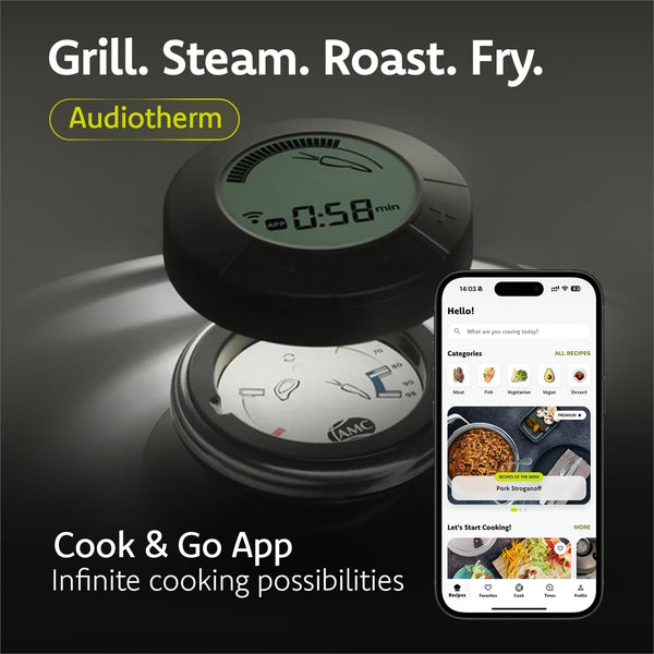 A by AMC - Foundation Stainless Steel Cookware Set - 11" Fry Pan + 3.7 Qt Rondeau + 6.9 Qt Stock Pot + Steam Lid + Steamer Basket & Stackable + 2 Digital Cooking Assistants - Induction Compatible5