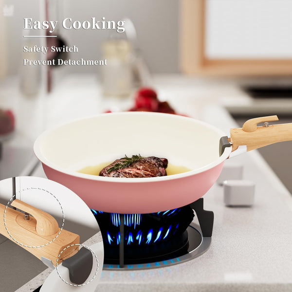 6 Pieces Kitchen Non-Stick Cookware Sets with Removable Handle, Stackable Pots and Pans Set Nonstick for Induction Gas Rvs Camping Space Saving，Pink3