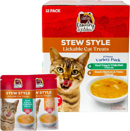 Country Kitchen Stew Style Lickable Cat Treats, 2 Flavor Variety Pack, Includes Tuna & Whitefish and Chicken & Tuna Made with Real Meat, 5 Oz. Tubes, 12 Count1