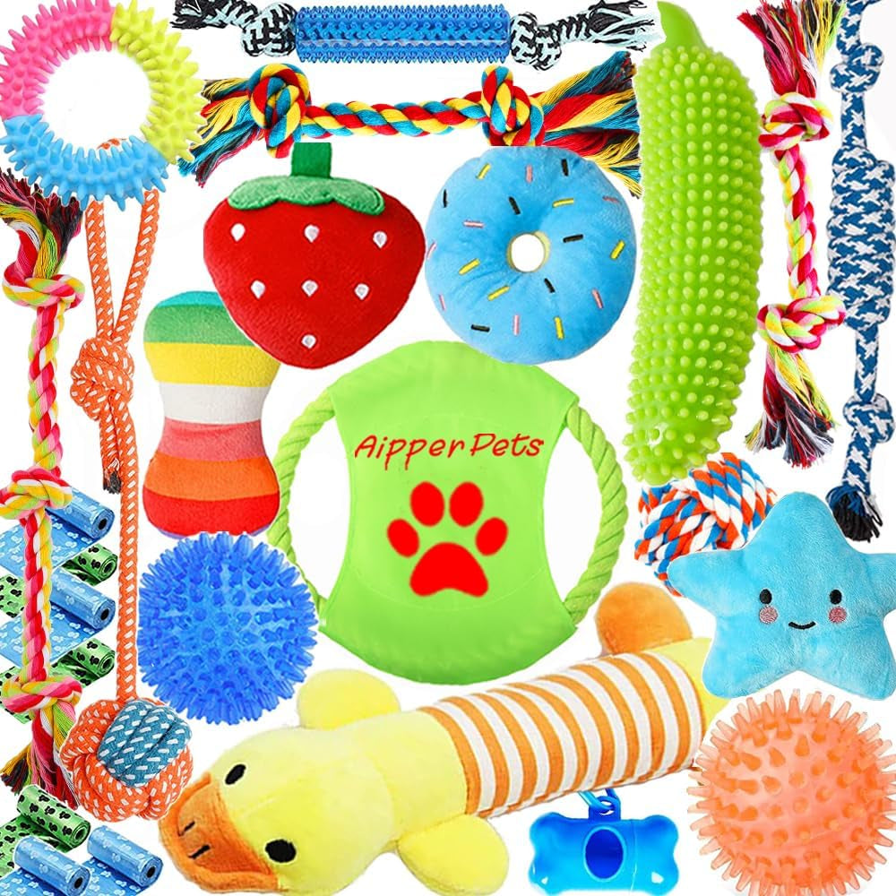 aipper-dog-toys-25-pack-for-fun-and-teeth-cleaning-puppy-chew-toys-pack-with-squeak-plush-toy-squeaky-toy-balls-tug-of-war-and-rope-toys-for-puppy-to-small-dogs