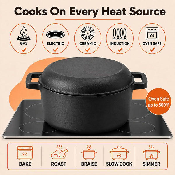 Cast Iron Dutch Oven Pot (4.8L) with Lid (1.2L) & Cleaning Scrubber, Heavy-Duty Dish for Casserole and Sourdough Bread. Pre-Seasoned Cast Iron Pot with Skillet Lid for Roasting to Frying, Oven Safe4