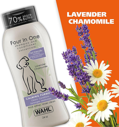 Wahl USA 4-In-1 Calming Dog Shampoo with Lavender Chamomile Scent – Cleans, Conditions, Detangles, & Moisturizes - Pet Friendly Formula - 24 Oz - Model 820000A6