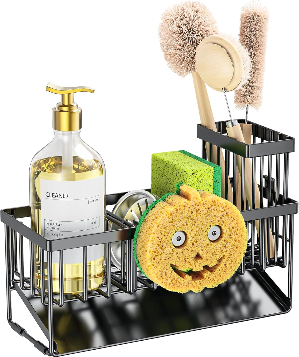 kitchen-sink-caddy-organzier-with-high-brush-holder-sponge-holder-for-sink-304-rustproof-stainless-kitchen-countertop-soap-dispenser-organizer-black-with-smiley-face-holder-9-25