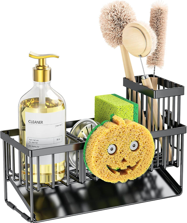 Kitchen Sink Caddy Organzier with High Brush Holder, Sponge Holder for Sink, 304 Rustproof Stainless, Kitchen Countertop Soap Dispenser Organizer (Black with Smiley Face Holder, 9.25″)7