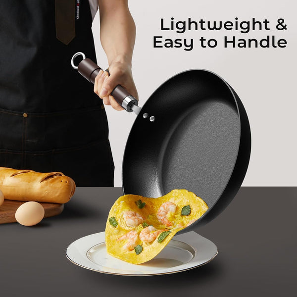 Carbon Steel Frying Pan, Pre-Seasoned 11-Inch Cooking Skillet Wooden Handle, PFAS & Pfoa-Free, Nitrided Black Fry Pan for Kitchen, Camping, Chef Use7