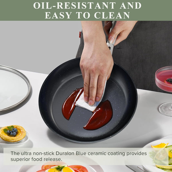 Healthy Duralon Blue Ceramic Nonstick Cookware Set, PFAS Free | Scratch-Resistant, Dishwasher & Oven Safe, Induction Ready & Evenly Heats, Tempered Glass Lids & Stay-Cool Handles6