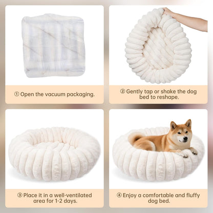 Donut Dog and Cat Bed, Luxurious Comfortable Faux Rabbit Fur Pet Beds, round Anti-Anxiety Calming Puppy Kitten Bed with Anti-Slip Bottom for Small Medium Dogs & Cats(20", White)6