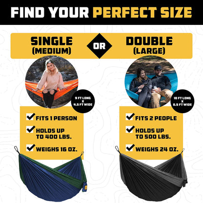 Camping Hammock – up to 500Lbs Portable Hammock with Tree Straps - Travel, Backpacking, Hiking, Outdoors Camping Gear - Single or Double2