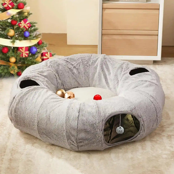 WINDRACING Cat Tunnel Bed for Indoor Cats - Cute Cat Donut Tunnel with Washable Circle Cushion, round Pet Play Toy for Kitten/Puppy/Rabbit, Grey1
