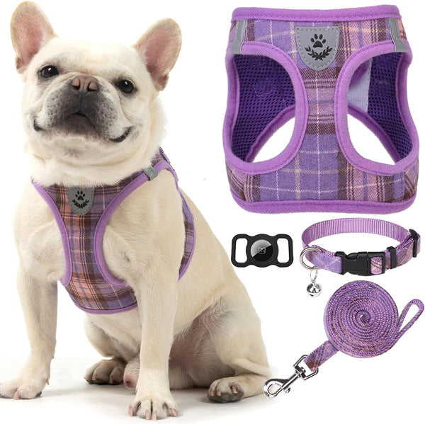 EXPAWLORER Plaid Small Dog Harness and Leash Set with Airtag Holder - No Pull Soft Padded Step in Dog Vest Harness Medium Sized Dog, Reflective Puppy Harness, Collar and Leash for Walking, Khaki S36