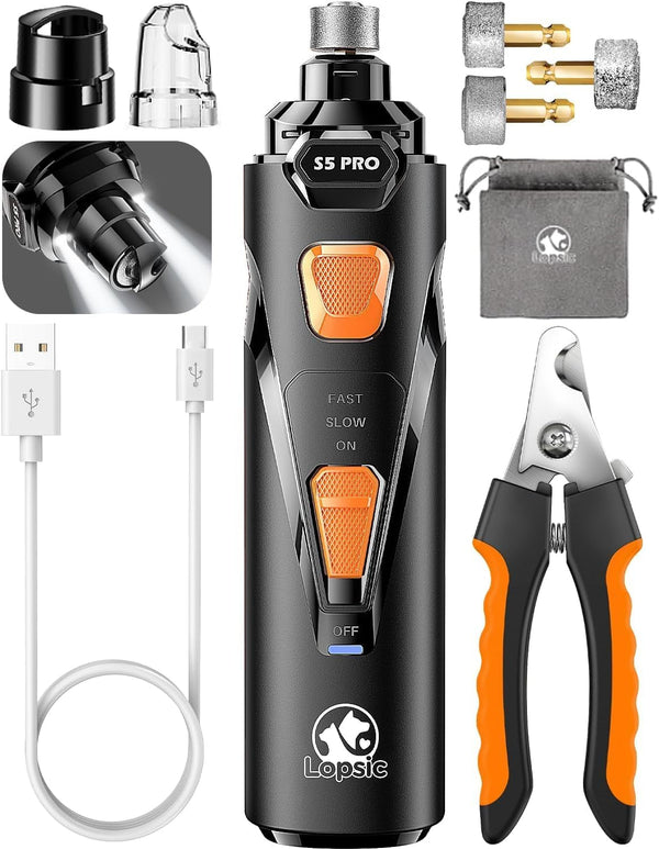 Whisper Quiet Dog Nail Grinder Safe & Stress-Free for Sensitive Dogs Cats | 4 LED Lights,3 Grinding Bits, 3-Speed, Pet Nail Trimmers, Rechargeable Painless Grooming Kit for All Breeds & Sizes1