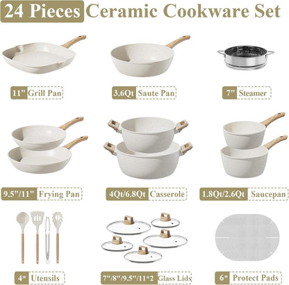 24Pcs Pots and Pans Set, Long-Lasting Ceramic Nonstick Cookware Set | Titanium-Reinforced Coating, Pfas-Free, Induction Compatible, Complete Kitchen Cookware Set for Daily Cooking & Family Meals7