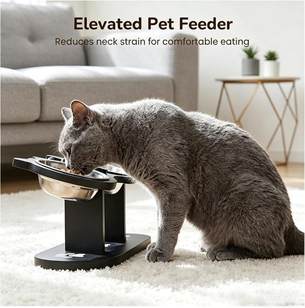 2026 New Anti-Slip Elevated 3-Bowl Pet Feeder, Cat Bowls with Stand Tilted, Stainlesssteel Cat Feeding Station, Ergonomic Elevated Cats Bowls with Wooden Base, Pet Feeding Station for Food & Water (E)2