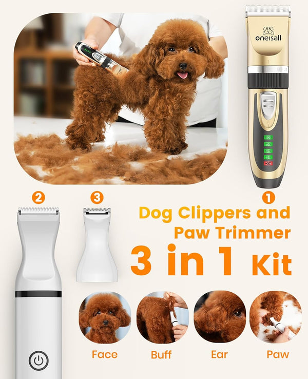 Oneisall Dog Clippers and Paw Trimmer Kit for Small Large Dogs Cats | Low Noise, Powerful Motor, Cordless & Long Battery Life, Simple for Beginners, 6 Guide Combs, Removable & Rinsable Blade2