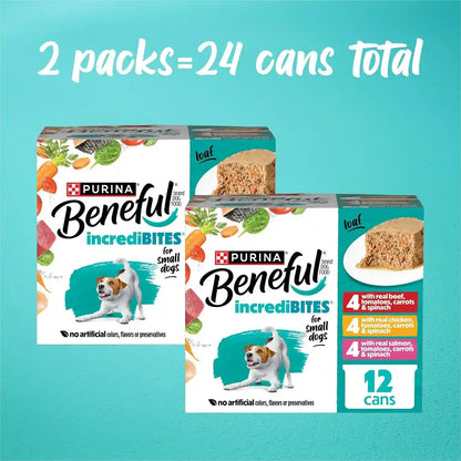 Purina Beneful Small Breed Wet Dog Food Variety Pack, Incredibites Loaf, Chicken, Beef and Salmon Flavors - (2 Packs of 12) 3 Oz. Cans3
