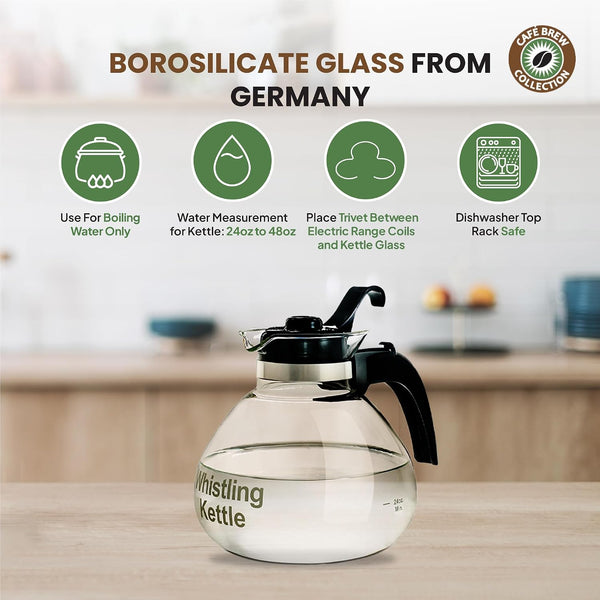Café Brew Glass Tea Kettle, 12 Cup | German Borosilicate Glass. Gas & Electric Stovetop Safe. Heat Resistant. Whistles at Boil. 12-Cup Capacity.3