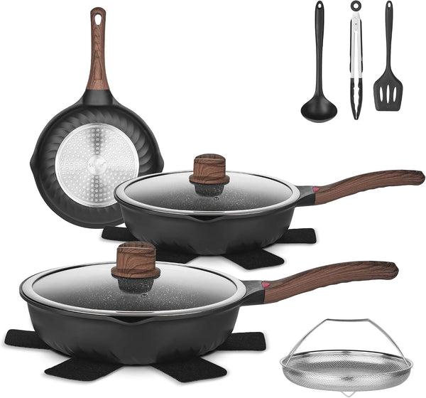 12PCS Nonstick Deep Frying Pan with Lid Cookware Set |  12-Piece Nonstick Cookware Set Utensils & Pot Protectors. Stay-Cool Handles, PFAS & Pfoa-Free.1