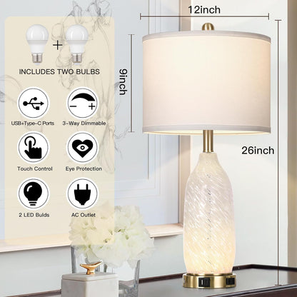 26" Modern Clear Glass Table Lamps Set of 2,Nightstand Lamp with USB A+C Ports & AC Outlet,Bedside Lamps with 3-Way Dimmable Touch Control Night Light for Bedroom Living Room(Bulbs Included)4