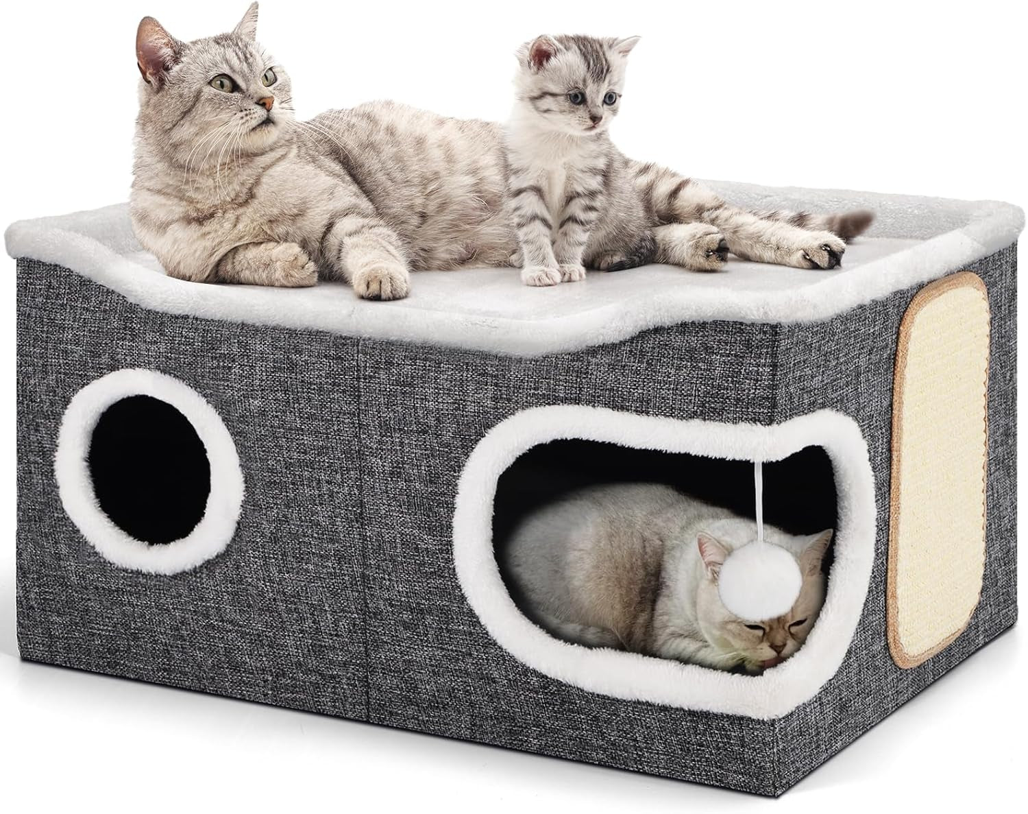 shikha-cat-house-bed-for-indoor-cats-with-fluffy-ball-and-scratch-pad-grey-foldable-large-cat-cave-hideaway-with-cozy-condo-hide-and-seek-window-holds-up-to-30lbs-all-season-reversible-cushion