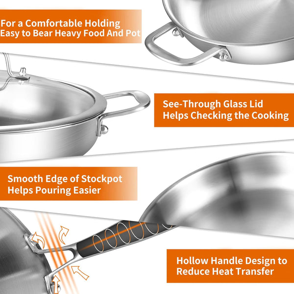 Tri-Ply Stainless Steel Pan with Lid 12Inch | Compatible with All Cooktops Heavy Duty Frying Pan with Lid, 18/10 Large Cooking Surface, Stainless Steel Skillet5