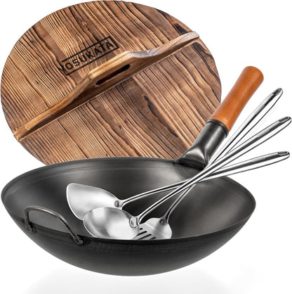 Carbon Steel Wok Pan round Bottom 14 in + Wooden Wok Lid 14 in with Ergonomic Handle + 17" Spatula and Ladle and Turner1