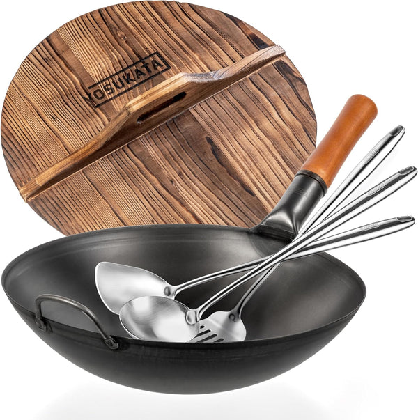 Carbon Steel Wok Pan round Bottom 14 in + Wooden Wok Lid 14 in with Ergonomic Handle + 17" Spatula and Ladle and Turner1