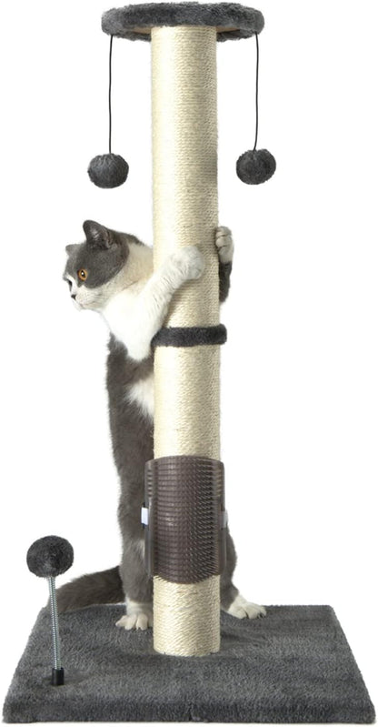 PEEKAB 32" Tall Cat Scratching Post Sisal Scratch Posts,With Hanging Ball and Self-Massage Brush Vertical Scratcher for Indoor Cats and Kittens Gray 32Inches1