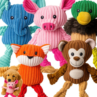 Jalousie Plush Toys Assortment Value Bundle Puppy Pet Mutt Squeak Toy for Medium Large Dogs (5 Pack Corduroy)10