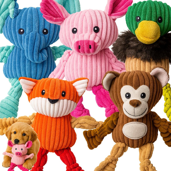 Jalousie Plush Toys Assortment Value Bundle Puppy Pet Mutt Squeak Toy for Medium Large Dogs (5 Pack Corduroy)10