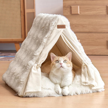 FUKUMARU Cat Cave Bed, Sturdy Frame Washable Cat Tent Bed with Curtain | Semi-Enclosed Cat Hideaway for Anxious Cats, Large Cozy Cat House for Indoor Cats, Soft Plush Covered Dog Bed, Cream1