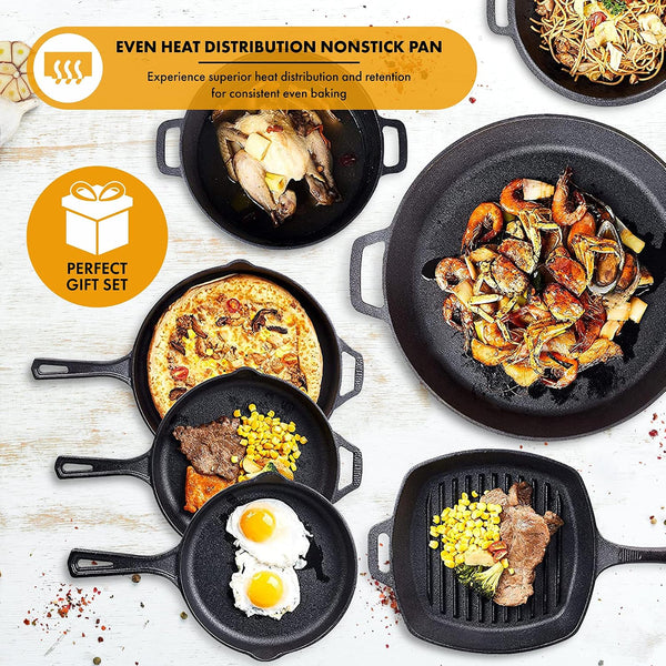 8 Piece Cast Iron Cookware Set - Pre-Seasoned Pots and Pans Set with Cast Iron Skillets, Grill Pan, Dutch Oven, Pizza Pan, and Scrubber - Heavy Duty Cooking for Home Kitchen or Camping2