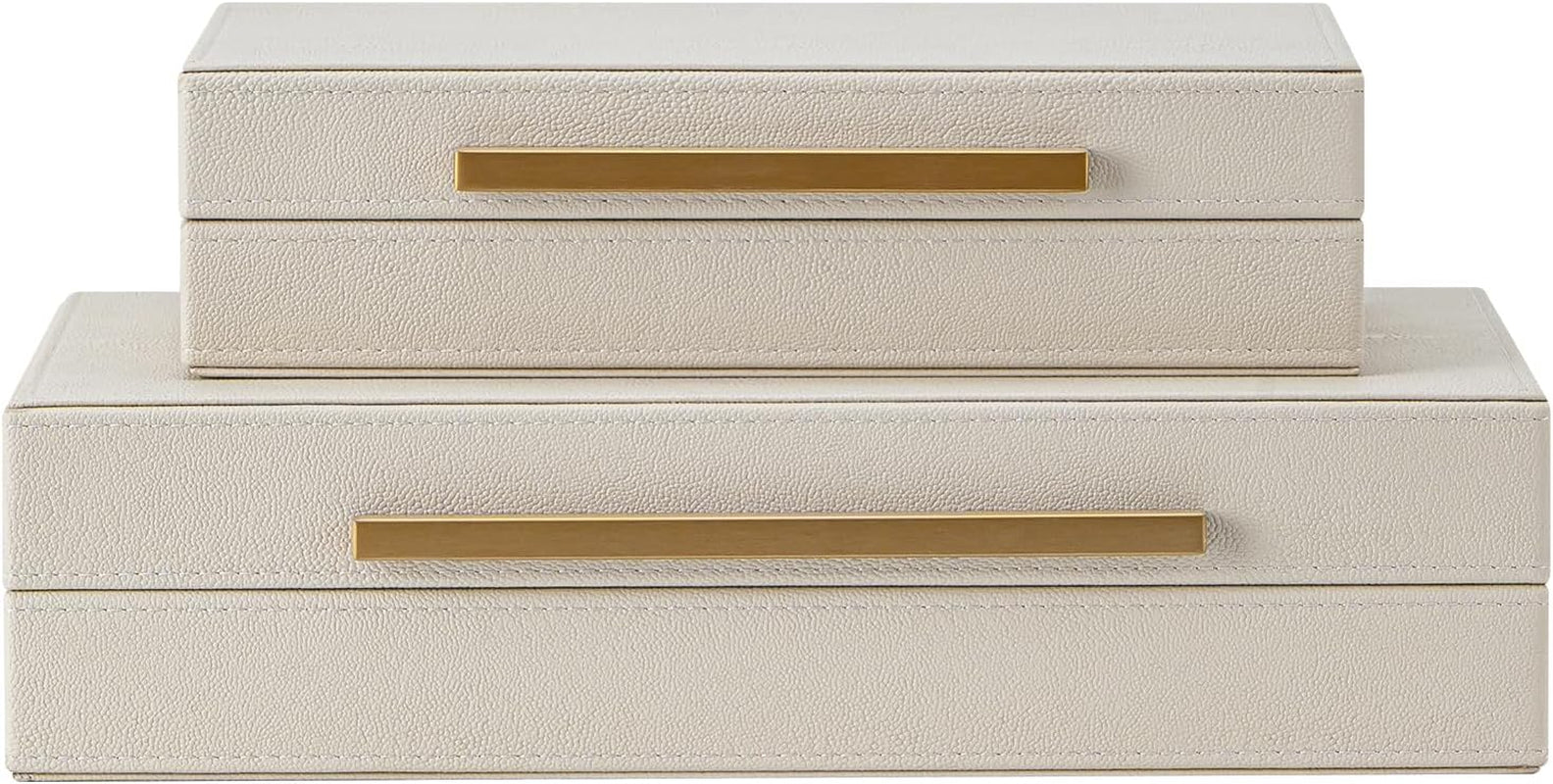 set-of-2-beige-shagreen-decorative-storage-boxes-with-gold-metal-handles-faux-leather-jewelry-memory-boxes-nesting-photo-organizers-for-home-decor