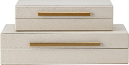 Set of 2 Beige Shagreen Decorative Storage Boxes with Gold Metal Handles – Faux Leather Jewelry & Memory Boxes, Nesting Photo Organizers for Home Decor1
