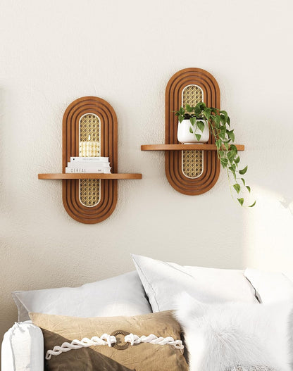 Floating Shelves for Wall, Boho Home Wall Decor,Rattan Plant Shelf Set of 2, Mid Century Small Decorative Shelf, Natural Wood Shelves for Living Room,Bedroom,House,Office (Walnut)8