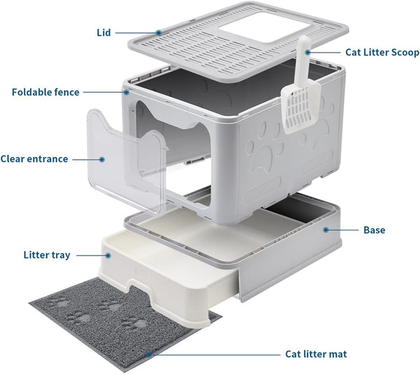 Medario Cat Litter Box with Litter Mat and Scoop, Large Covered Litter Box with Lid, Enclosed Kitty Box, Front Entry Top Exit, Odor Control, Easy to Clean (Grey)7