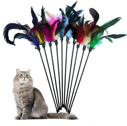 Cat Feather Wand Toys 10-Pack with Bell Indoor Kittens | Natural Feather Teaser with Bell.Interactive Wand Toy Durable Construction Withstands Active Play.1