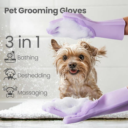 Silicone Pet Grooming Gloves Dog Washing Gloves for Bathing, 1 Pair Purple | 3000 Soft Silicone Bristles, 5-Finger Flexible, Gently Massages & Removes Fur, Non-Slip, Easy Clean, for Dogs/Cats/Horses2
