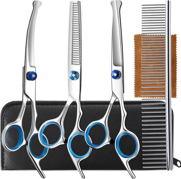 5 in 1 Upgraded Thicken Dog Grooming Scissors, Professional Dog Scissors for Grooming with Safety round Tips, Lengnoyp Stainless Steel Thinning Shears, Pet Cat Shears for Grooming Kit1